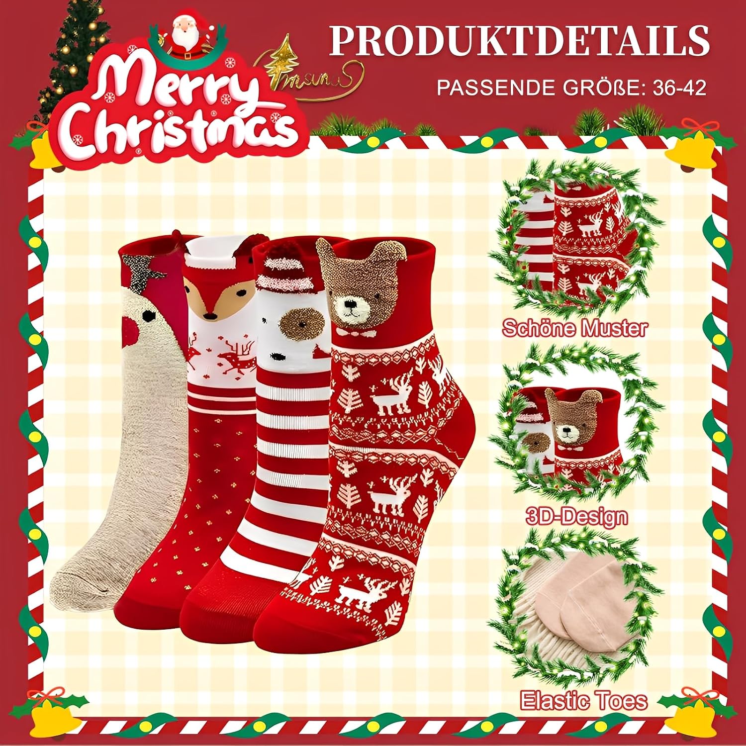 Scinzene 4 Pairs of Women's Christmas Socks with Gift Box, Cuddly Socks Christmas 39-42, Cute Animal Motifs Christmas Socks, Christmas Socks, Santa Gifts & Christmas Gifts for Women – Bild 4