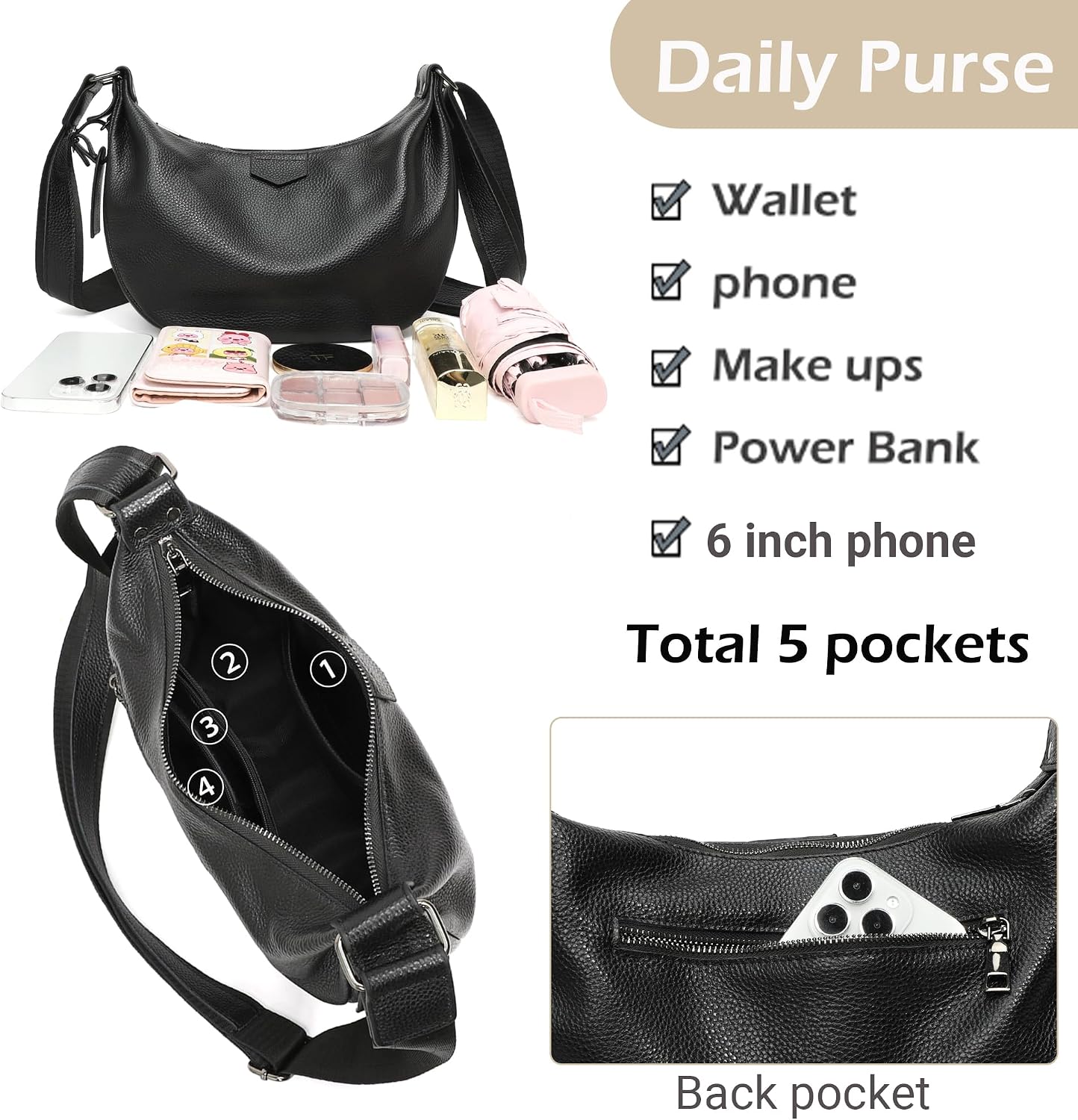 Micmores Genuine Leather Shoulder Bag Women's Medium Crossbody Bag Women's Handbag with Adjustable Shoulder Strap, Fashion Shoulder Bag, Crescent Moon Bag for Work, Travel, Daily Life – Bild 4