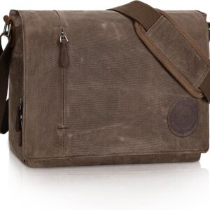 Leathario Men’s Shoulder Bag, 14 Inches, Messenger Bag Made of Genuine Leather and Oiled Canvas, Work Bag, Student Bag, Laptop Bag, Messenger Bag, College Bag, Plain Students, Work Brown