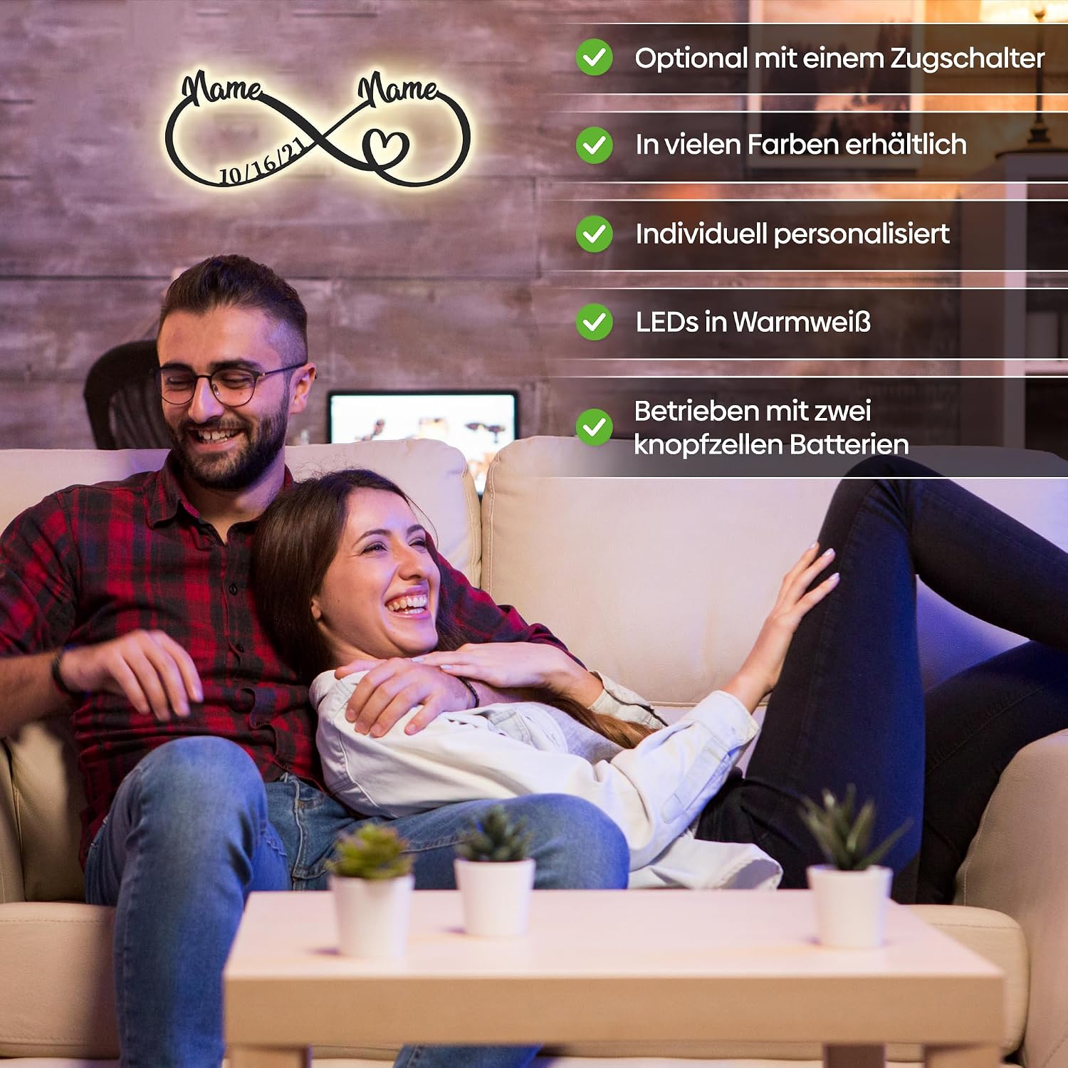 Urhome Infinity Sign with Heart Wooden LED Warm White Mood Light - Name Couple Date Personalised - Snooze Light Night Light Love Gift Wall Light for Bride for Engagement Wedding Anniversary – Bild 3