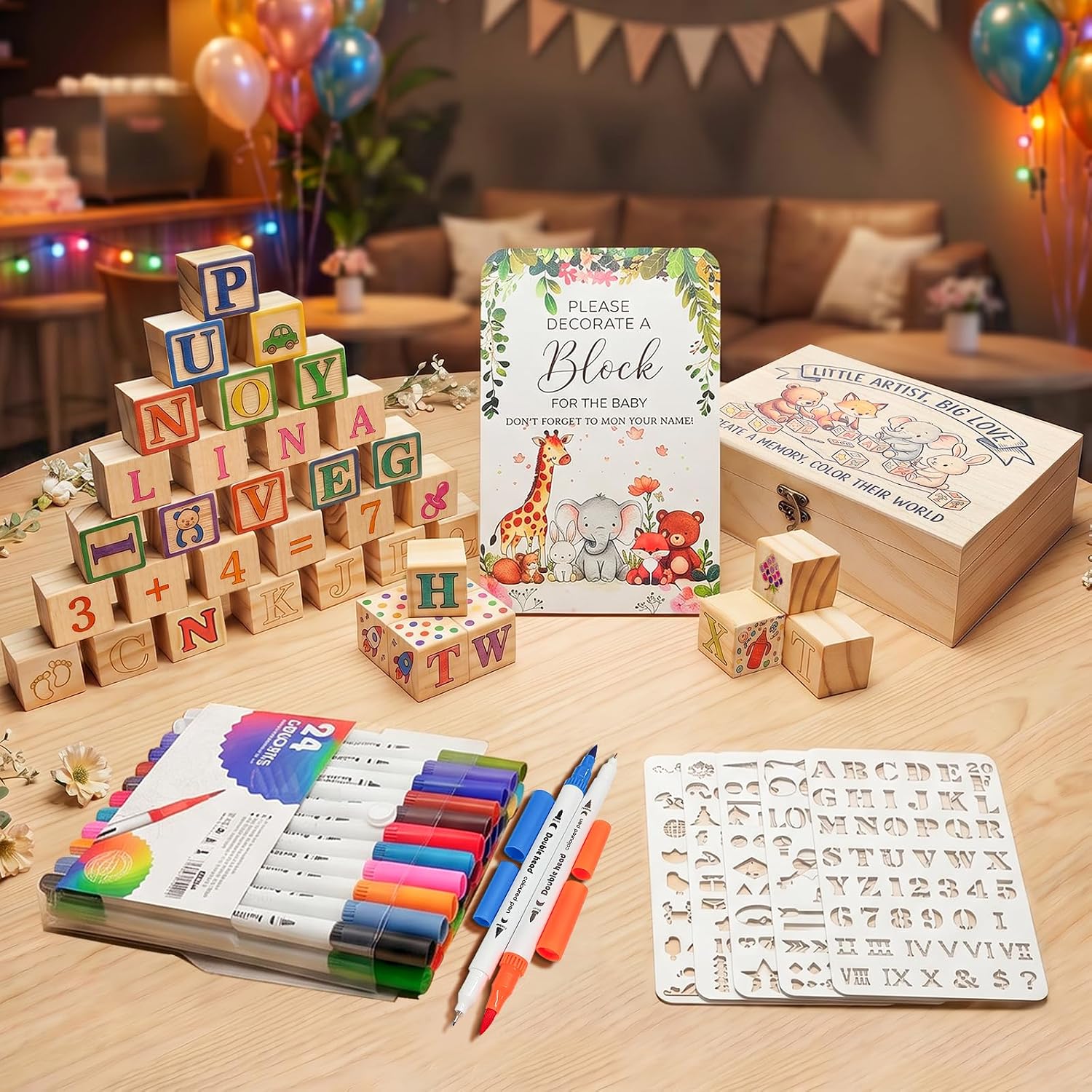 Baby Shower Games Set, 81-Piece Building Blocks Painting, Baby Shower Guest Book for Painting, Stacking, Building & Painting for Baby Shower & Gender Reveal, Wooden Cube Gift Idea for Boys & Girls – Bild 9