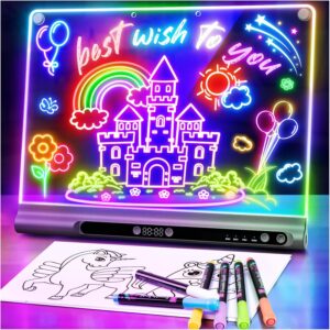 Geokay LED Drawing Board for Children, Rechargeable LED Painting Board 41 cm, 9 Light Modes with Timer & Stand, LED Drawing Board for Girls & Boys, 8 Pens & Template Book, Black
