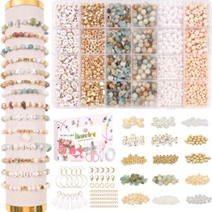 OIOYCLG 1500 DIY Jewellery Set with Beads for Bracelets, Natural Amazonite Gemstone, Gold Letters, Smiley & Star Pendant Bead Box and Tools – Ideal for Girls, Gifts & Creative Crafts