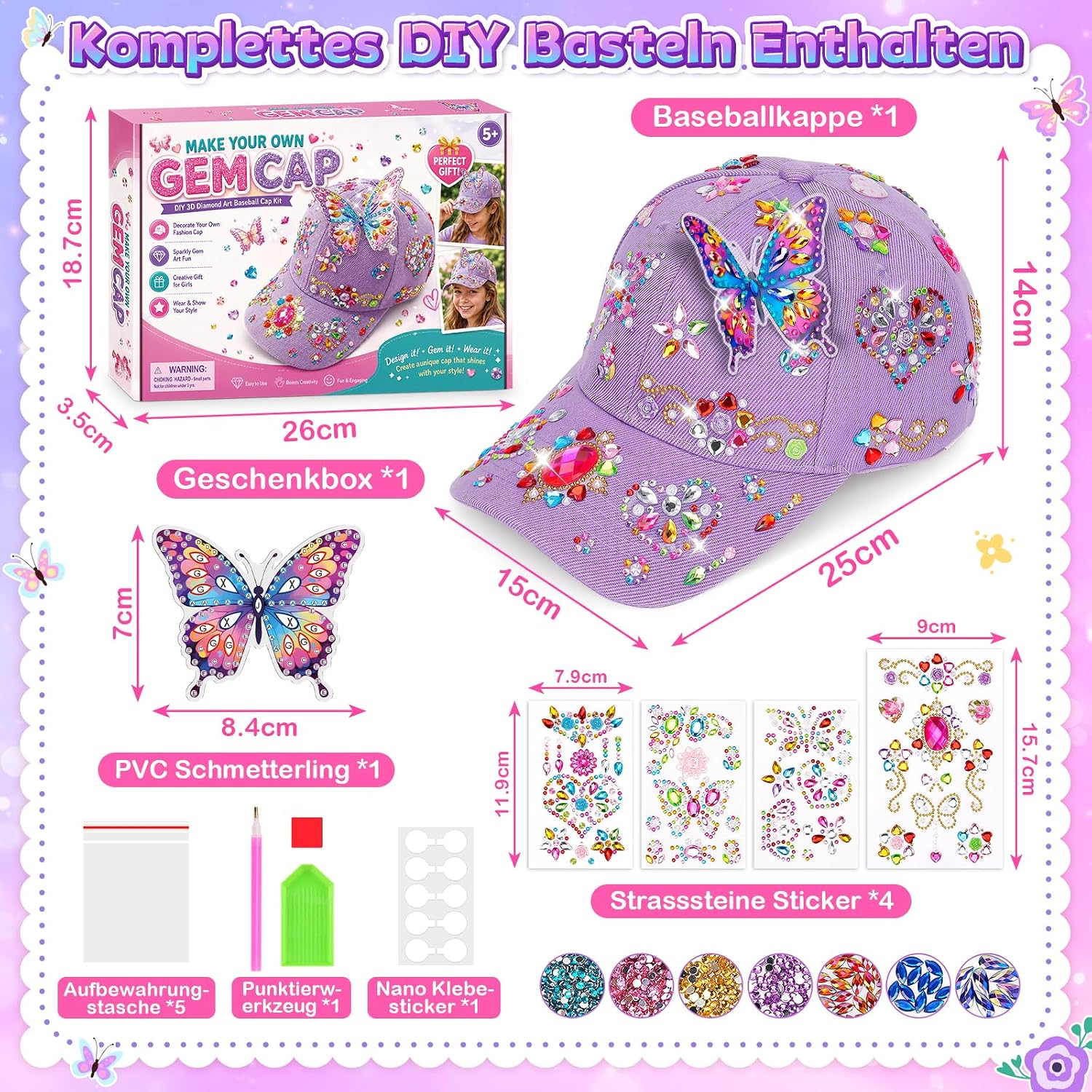 Craft Girls 5 6 7 8 9 Years Diamond Painting Children's Baseball Cap Set – Bild 7