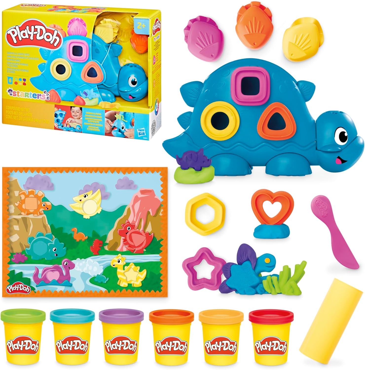 Play-Doh Colourful Dino Dinosaur Toy with Shapes and Tools, Craft Mat and 6 Colourful Tin of Clay, Craft Set and Activity for Girls and Boys and Fans of Dinos from 2 Years
