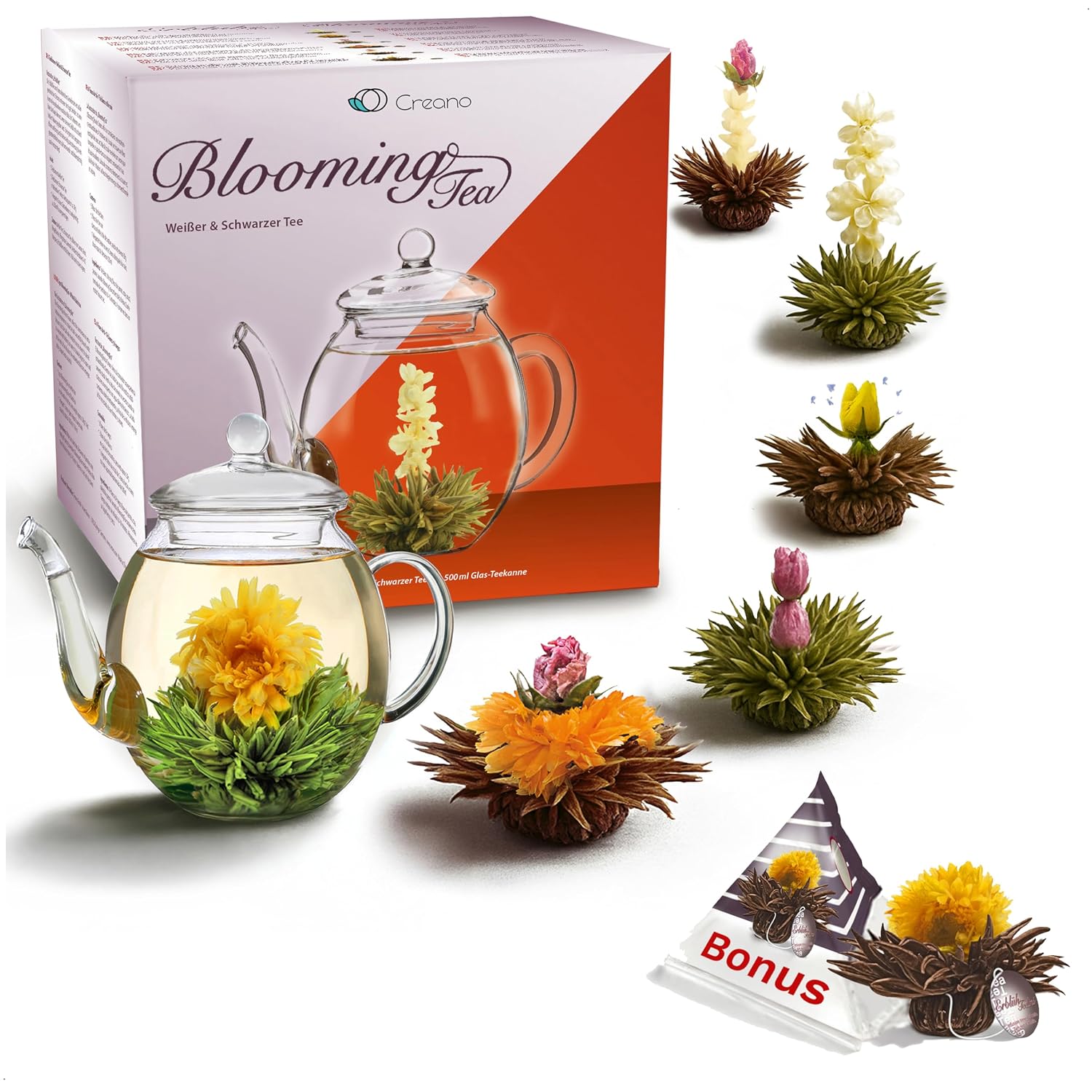 Creano Tea Flowers Gift Set - Blooming Tea with 500 ml Glass Jug & 6 x Black & White Tea + 1 x Teelini Black Tea Bonus Ball - 8 Pieces