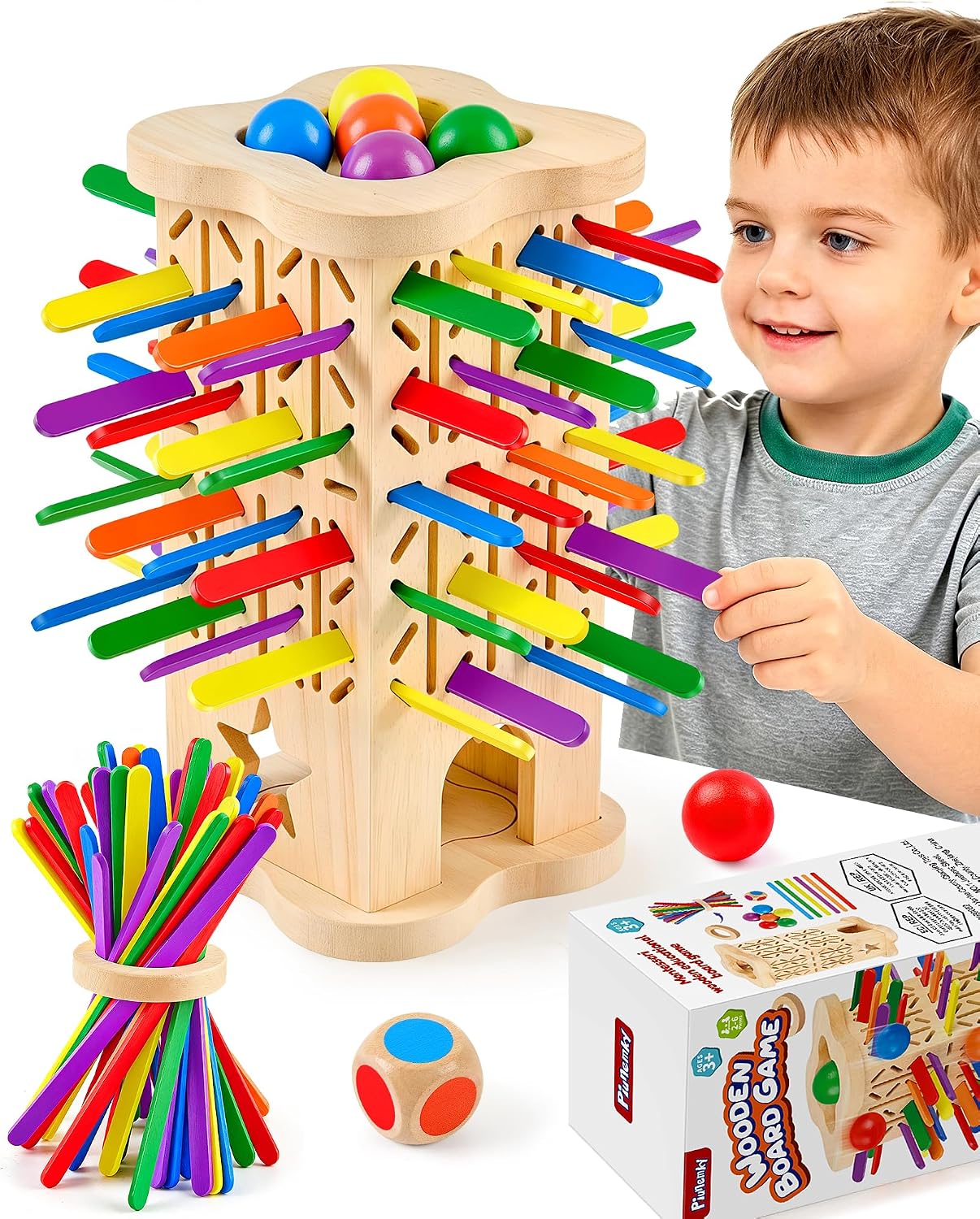 Montessori Wooden Board Game from 3-6 Years with Colourful Chopsticks & Ball – Bild 7