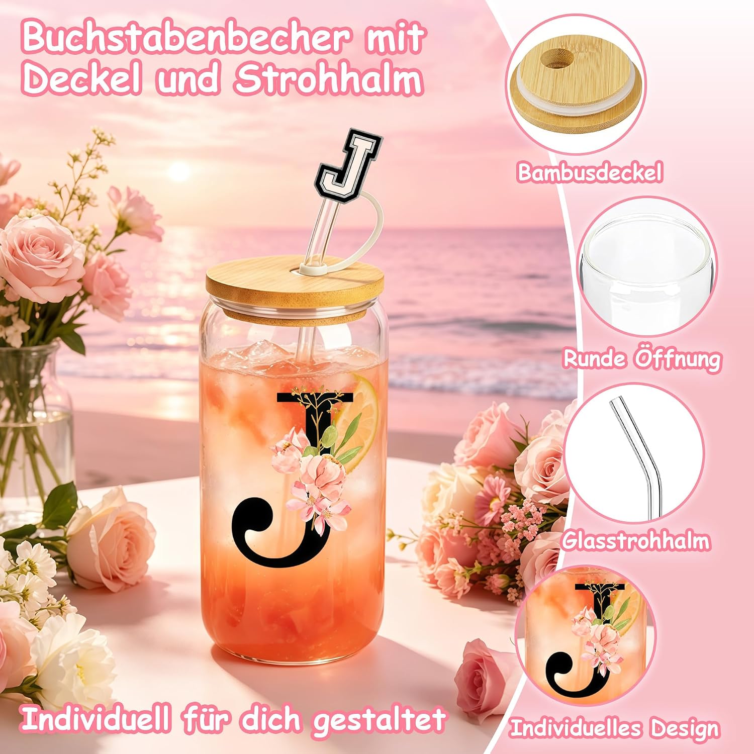 Personalised Gifts with Letters - Glass Mug with Lid and Straw, Keyring and Jewellery Box with Letter, Gift for Women for Birthday, Christmas, Valentine's Day (J) – Bild 4
