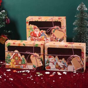 Christmas Biscuit Boxes Boxes, 12 Pieces Christmas Kraft Gift Boxes with Viewing Window with Label & Rope, Biscuit Packaging Christmas Biscuit Box Biscuit Tin for Baking Biscuits Chocolate Sweets