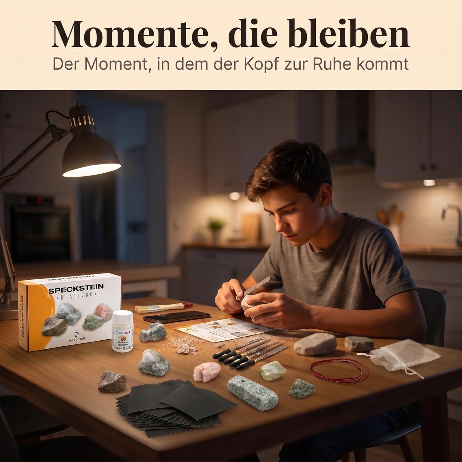Sheflajor Soapstone Set Including Amulet & Polishing Wax Made in Germany - Creative Carving Set for Beginners & Advanced Users - 100% Asbestos Free - Promotes Concentration, Creativity and Stress – Bild 2