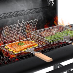 ivtivfu Fish Grill Basket Set, Removable Wooden Handle, 304 Stainless Steel, Outdoor Kitchen Grill Accessories for Vegetables, Shrimps, Garden, Camping, Gas Grill, Gifts Birthday Gift for Men, Husband