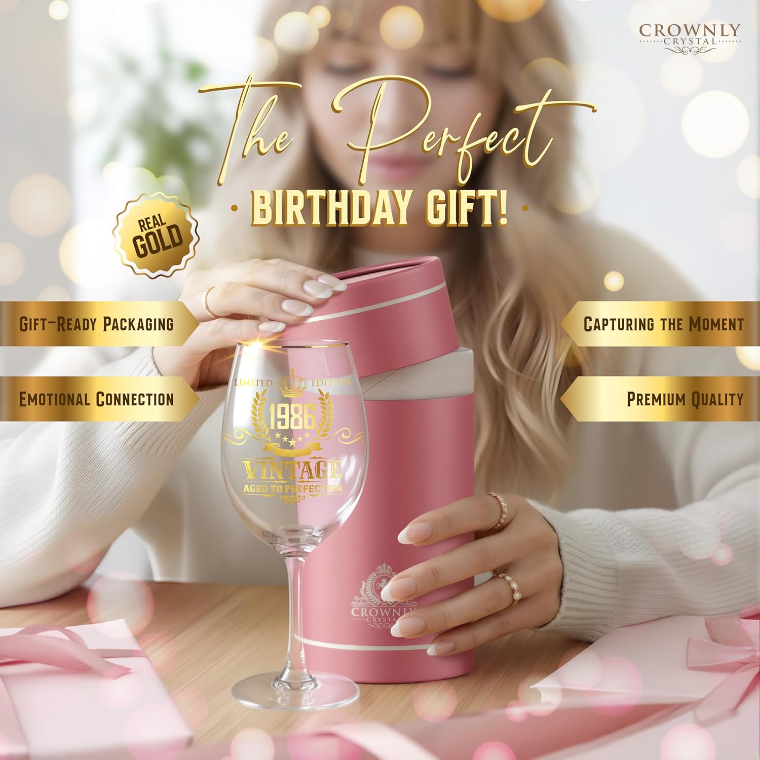 CROWNLY CRYSTAL® 1986 40th Birthday Gift Woman Personalised Wine Glass with Engraving Decorative Birthday Gift Grandma Mum Gift for Women – Bild 2