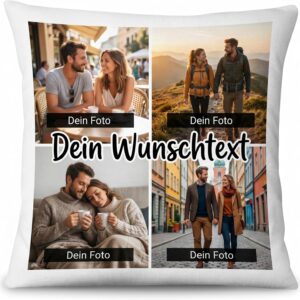 LOOXIS Photo Cushion Personalised with 4 Photos & Desired Text – 40 x 40 cm Collage Cushion Including Filling – Personal Gift Birthday Mother’s Day Father’s Day Anniversary Christmas – 4 Collage