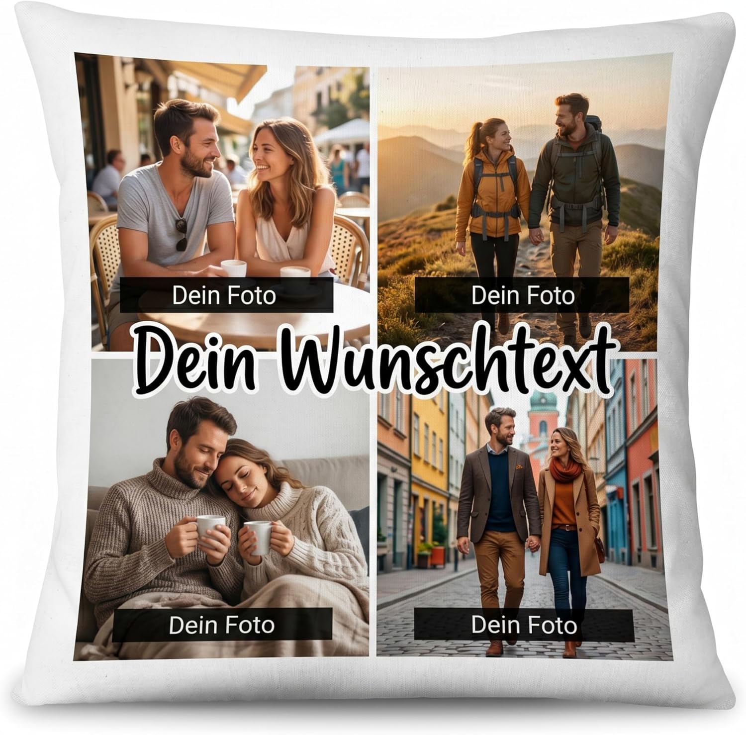 LOOXIS Photo Cushion Personalised with 4 Photos & Desired Text - 40 x 40 cm Collage Cushion Including Filling - Personal Gift Birthday Mother's Day Father's Day Anniversary Christmas - 4 Collage