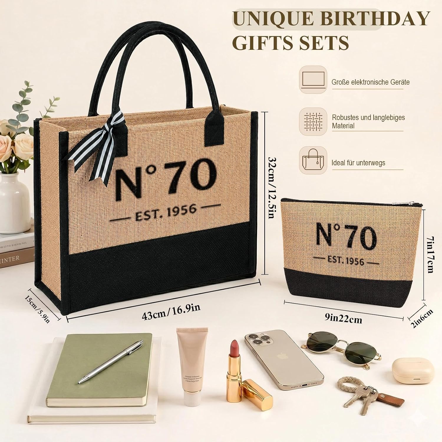 Birthday Gift Woman 40 50 60 70-2-Piece Vintage Jute Bag Set, Shopping Bag and Cosmetic Bag Set, Birthday Gifts for Women, Gift for Mum, Wife – Bild 3