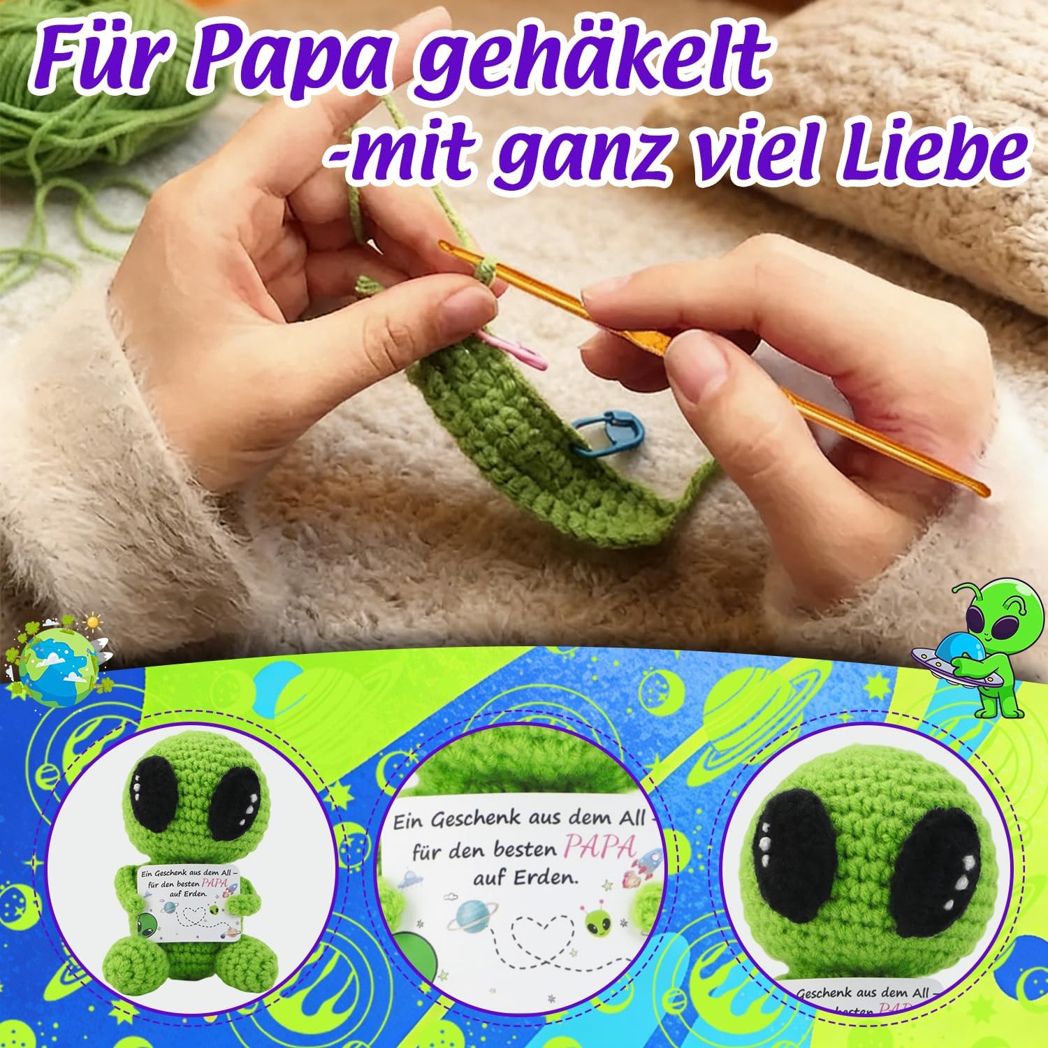 Original Dad Gift & Birthday Gift for Dad from Space, Hand Crocheted Green Alien Plush with Card "Besten Papa auf Erden", Funny Father's Day Gift, Cute & Unique – Bild 4