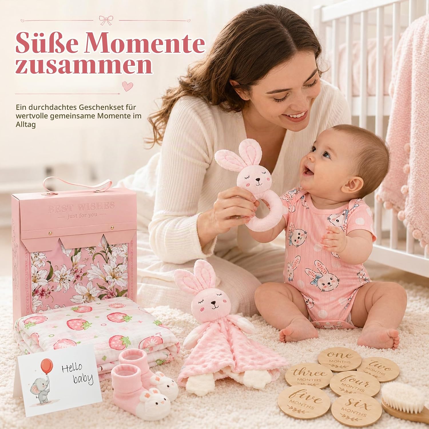 Newborn Gift - 15 Piece Baby Gift Set Includes Baby Blanket, Romper, Teething Cloth, Wooden Brush, Milestone Cards, Bib, Socks and a Keepsake Box (Pink) – Bild 5