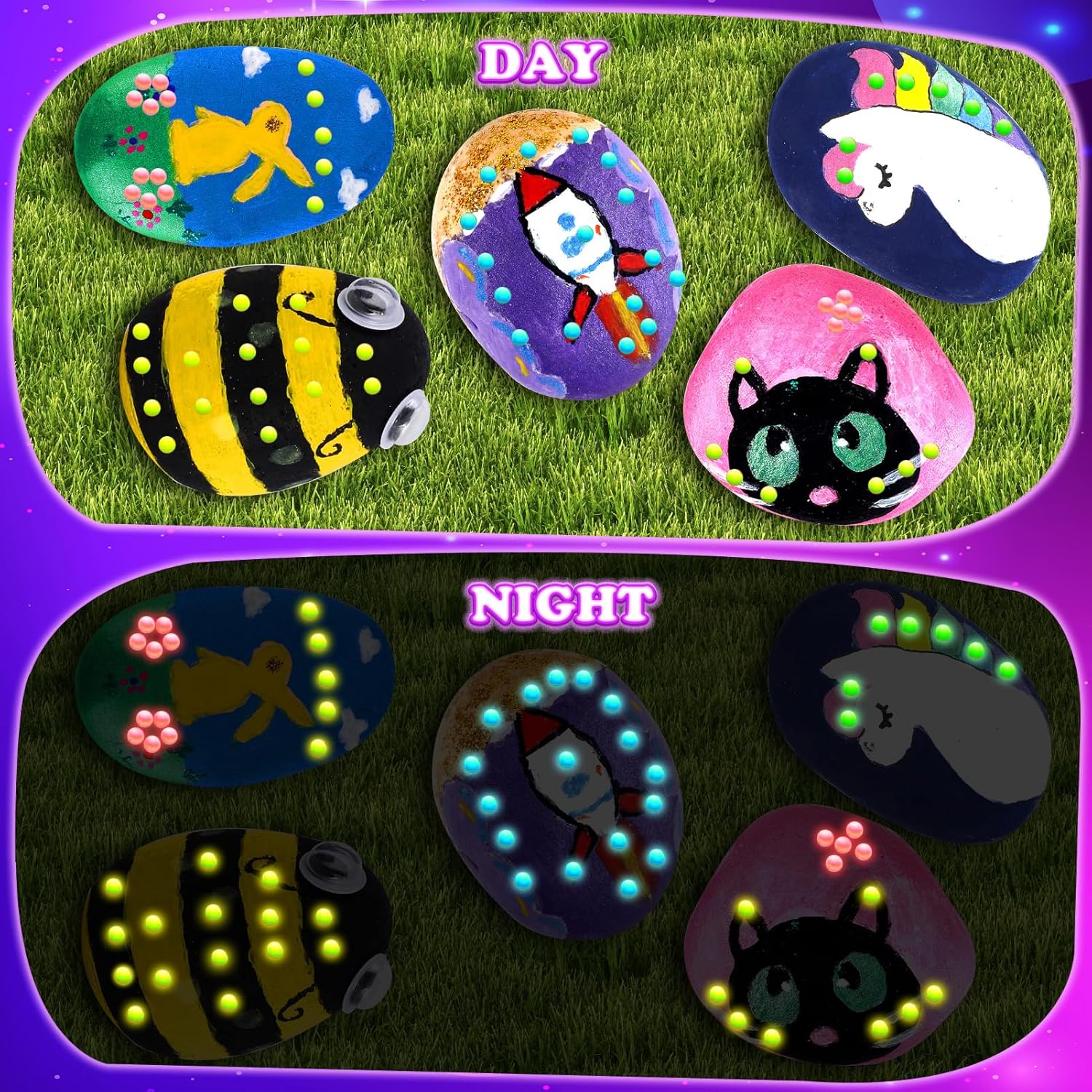 Stones for Painting, Craft Set Children from 5 6 7 8 9 10 Years Gift Girls 6-12 Years Crafts Girls 6-9 Years Easter Gift 12 Pieces Stones Painting Set with 20 Colours (Colour Glows in the Dark) – Bild 2