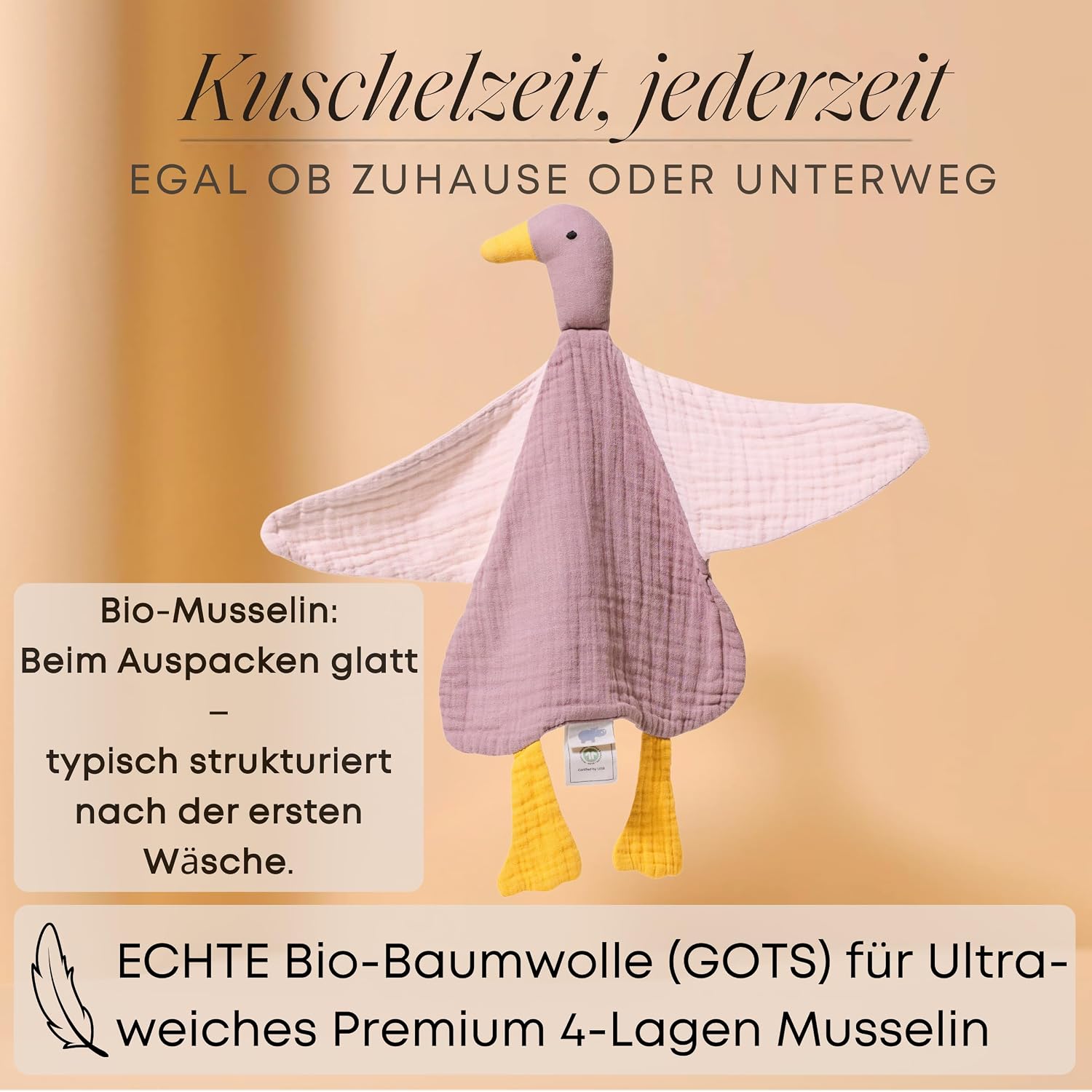Baby Muslin Comforter - Organic Cotton & Oeko-Tex - Cuddly Toy Duck - Gift for Birth, 4-Ply, Extra Soft, for Newborns, Boys & Girls, Washable, as a Cuddle Blanket – Bild 2