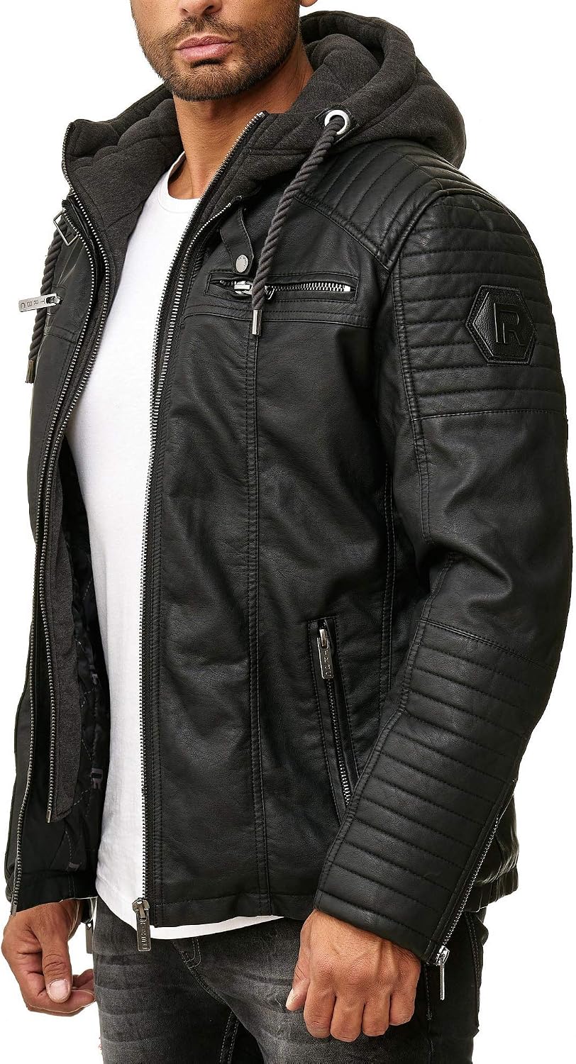 Redridge Robust Faux Leather Biker Jacket with Removable Hood