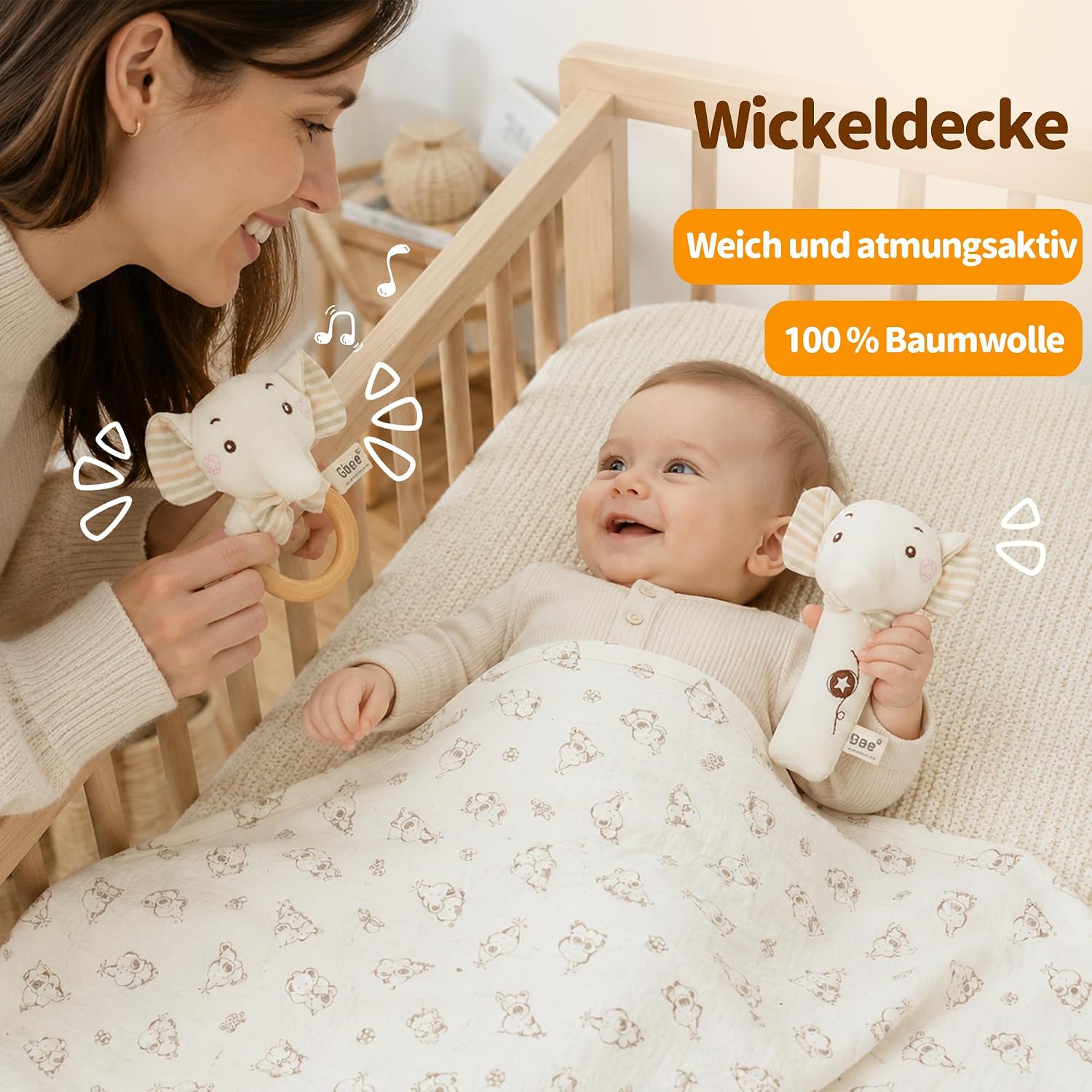 Newborn Gift Set for Birth with Baby Blanket and Wooden Rattle – Bild 6