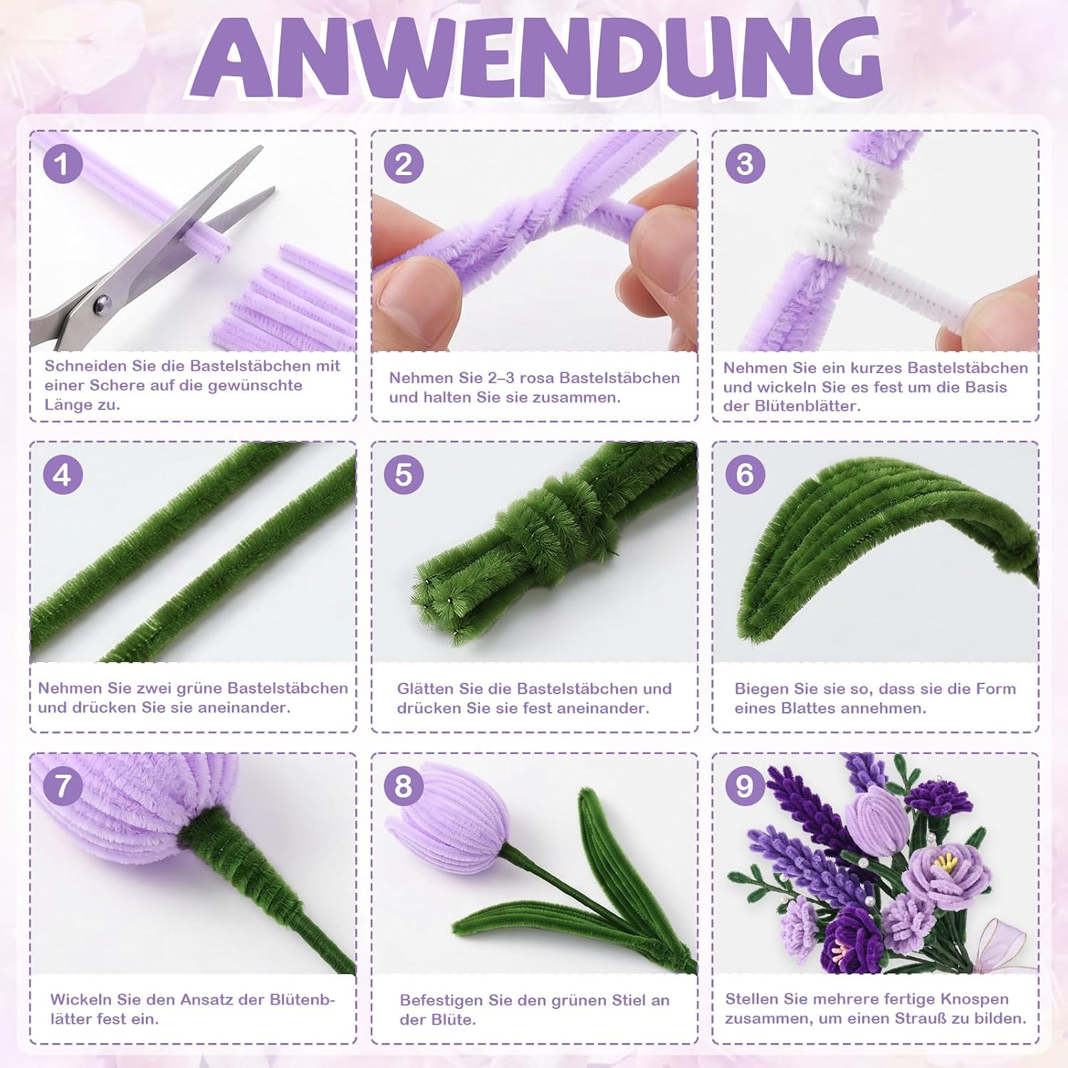 Pipe Cleaners Flower Set 500 Pieces, Pipe Cleaners for Crafts in 5 with Flower Stems, Gift Wrapping Paper, Flower Stamps and Florist Ribbon for DIY Bouquets Decoration (Purple) – Bild 5