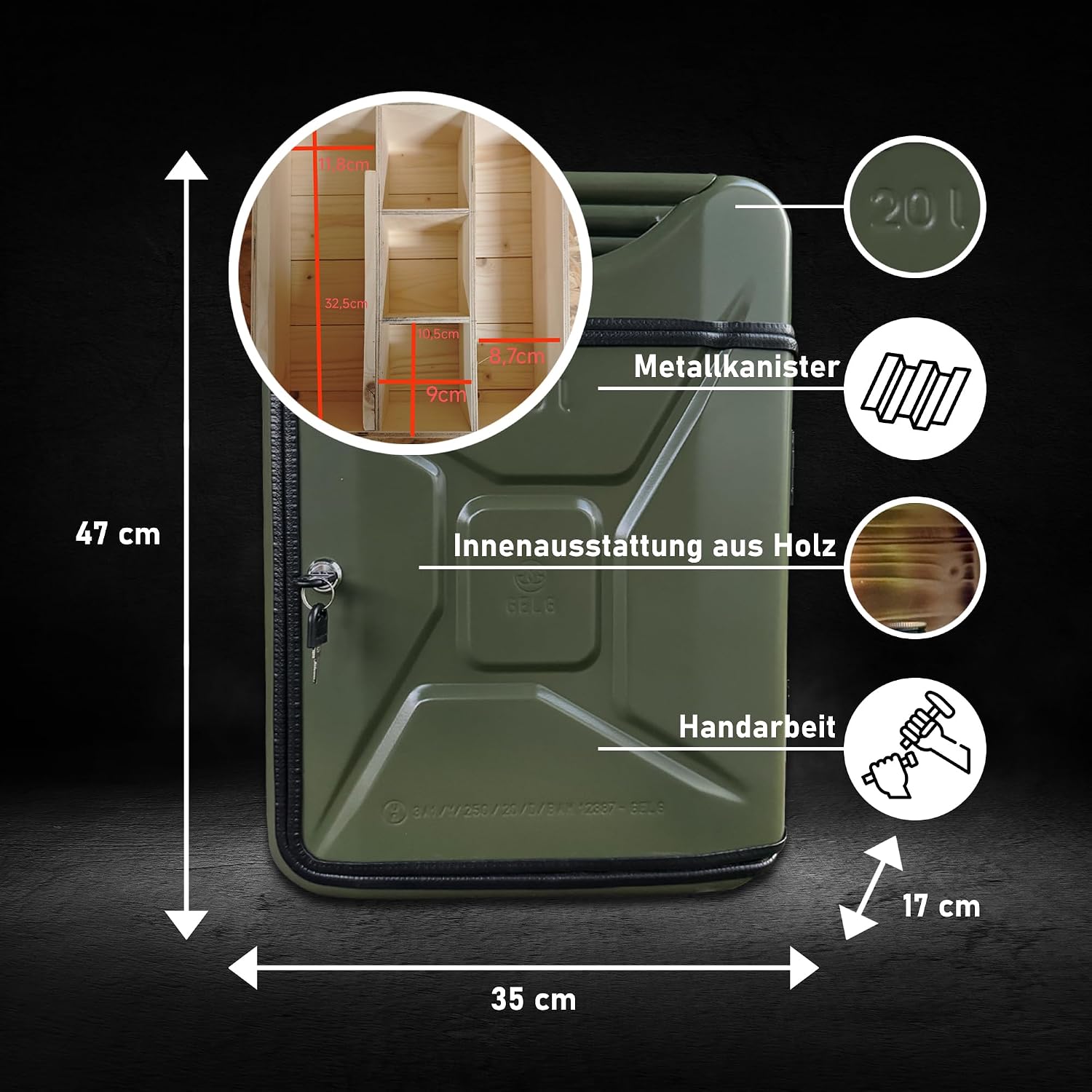 20L Canister Mini Bar Premium I Maximum Personalised with Engraving & LED Lighting I 2 Whisky Glasses I Jerrycan I Mobile Canister Bar Gift for Men I Lockable Mini Bar – Bild 3