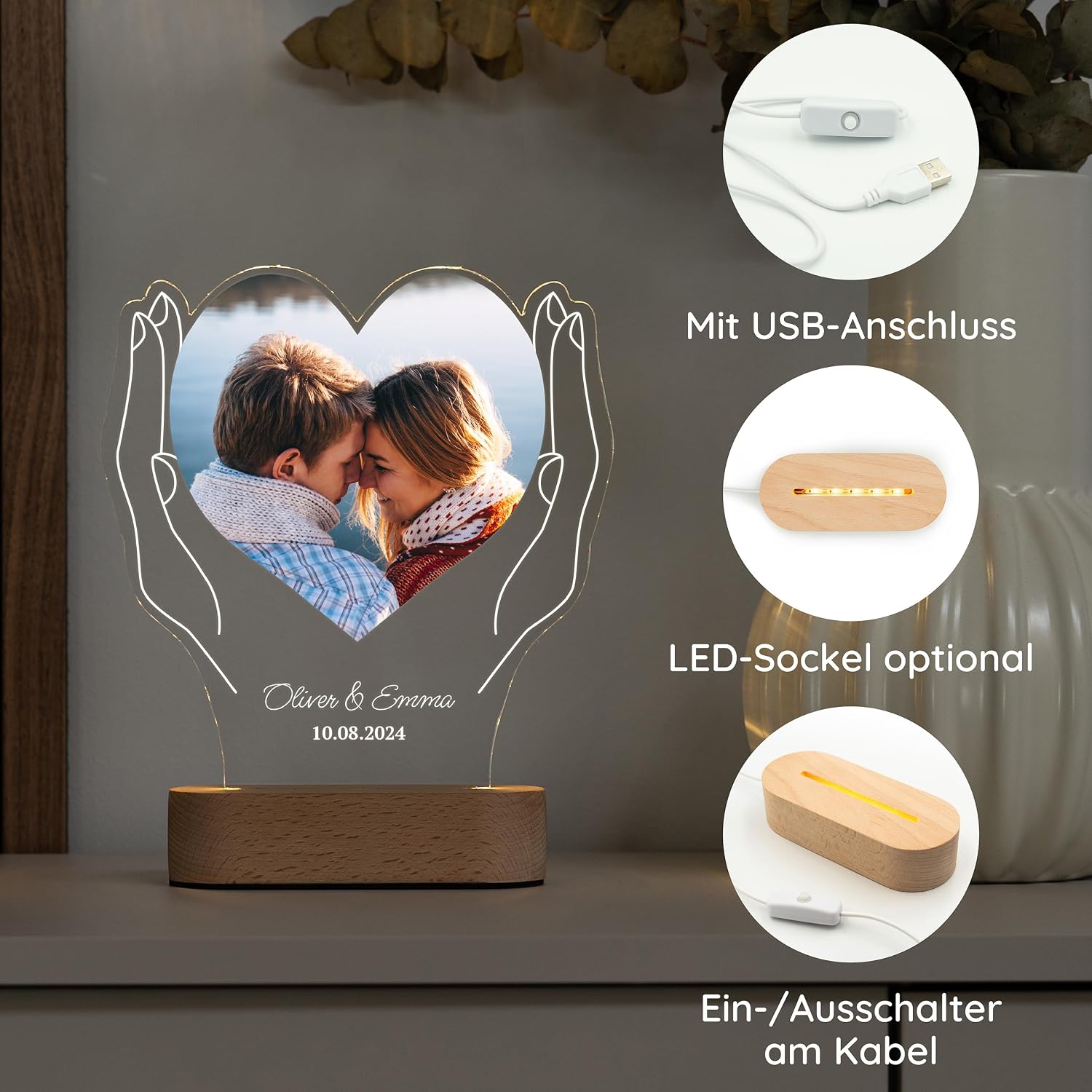 Geschenkfreude Personalised Picture with Photo and Text - Personalised Valentine's Day Gifts for Men and Women - Couple Gifts - Boyfriend and Girlfriend - Illuminated Picture Frame LED Acrylic – Bild 7