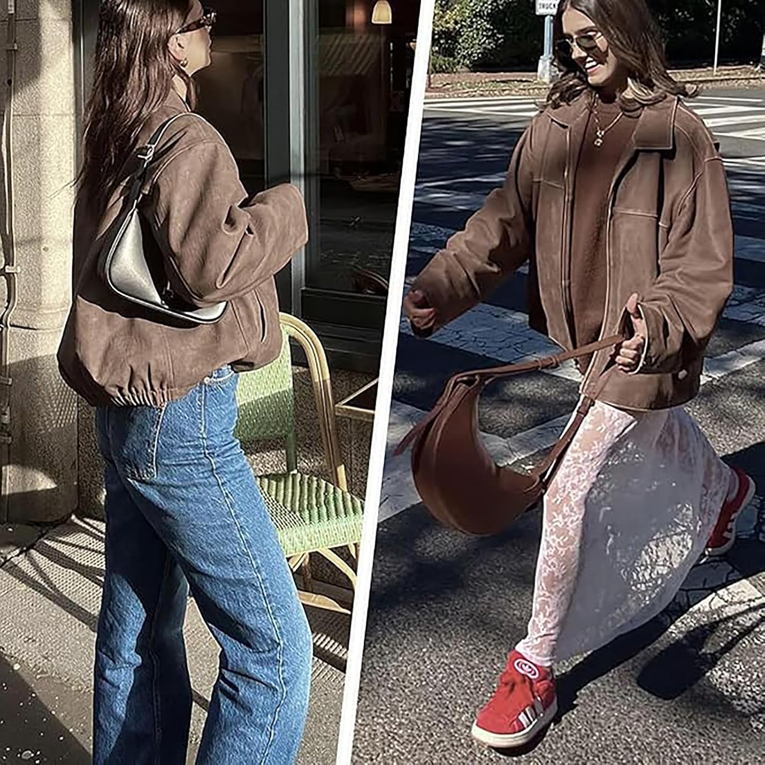 Vinuwu Bomber Jacket Women's Suede Jacket Short Transition Jacket Bomber – Bild 6