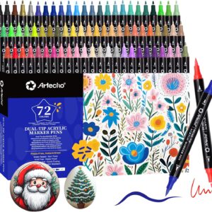 Artecho Acrylic Pens 72 Colours, 0.5-5 mm Waterproof Dual Tip Marker (Brush and Fine Tip), with Double Ends for Rock Painting, Glass, Paper, Wood, Egg, Canvas, Ceramic, Fabric, DIY Crafts