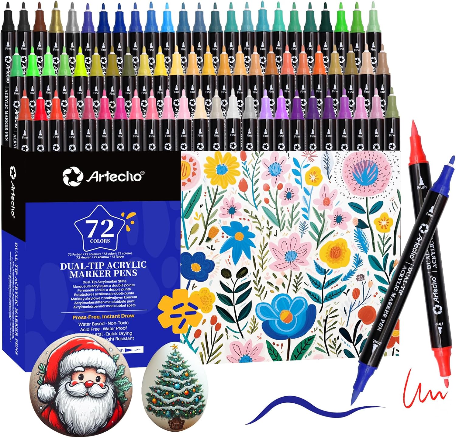 Artecho Acrylic Pens 72 Colours, 0.5-5 mm Waterproof Dual Tip Marker (Brush and Fine Tip), with Double Ends for Rock Painting, Glass, Paper, Wood, Egg, Canvas, Ceramic, Fabric, DIY Crafts