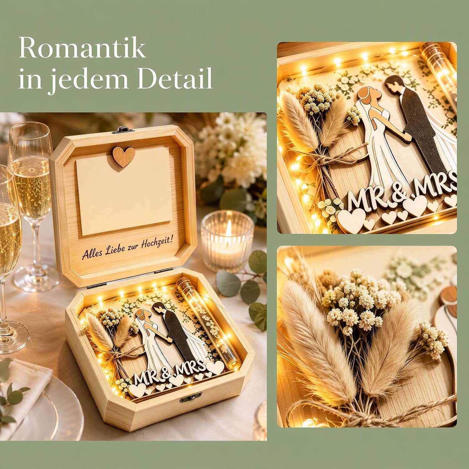 Money Gift Wedding Wooden Gift Box with LED Fairy Lights, Wedding Gifts for Bride and Groom, Wedding Card, Romantic Wedding Gift Packaging, Decorative Gift Box, Wedding – Bild 5