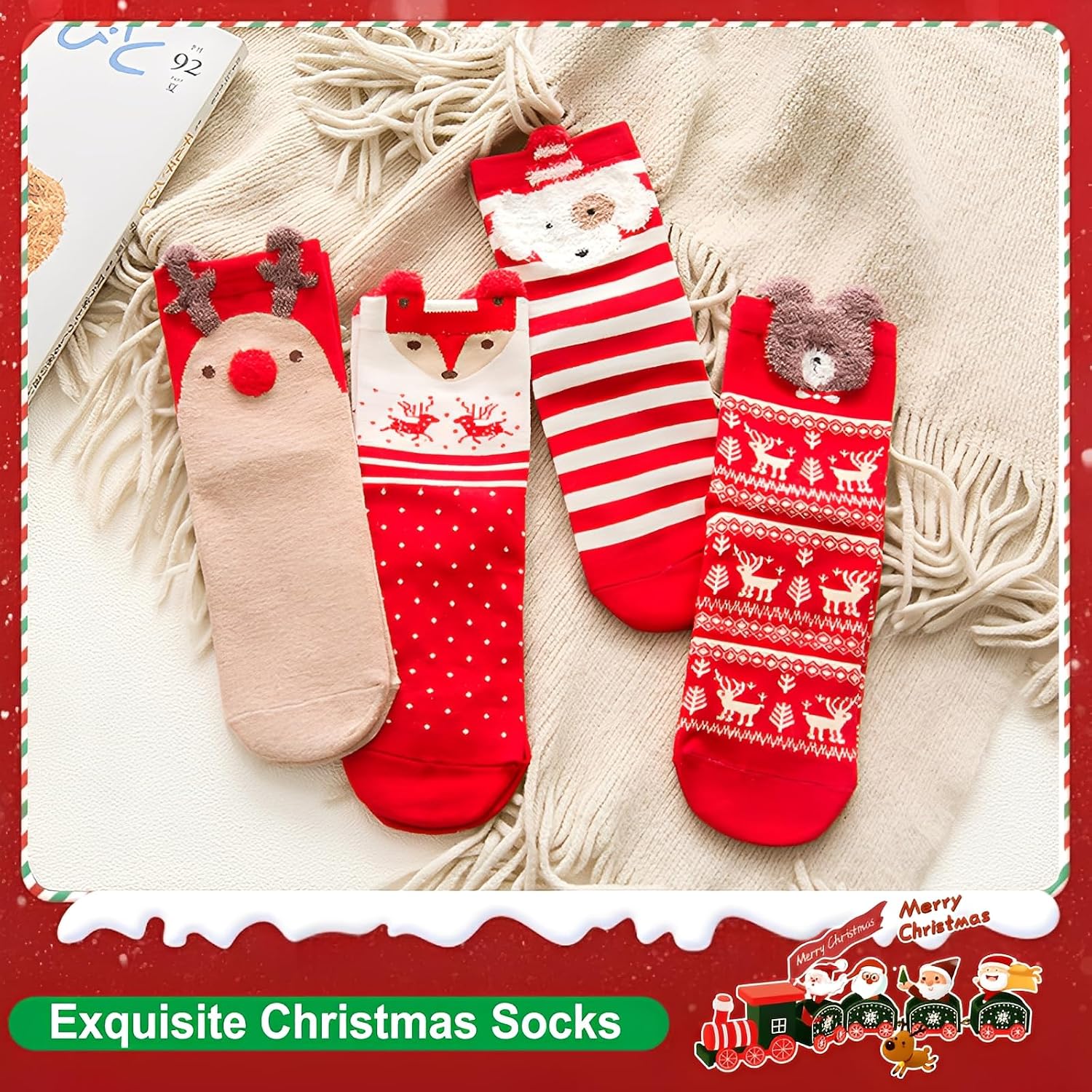Scinzene 4 Pairs of Women's Christmas Socks with Gift Box, Cuddly Socks Christmas 39-42, Cute Animal Motifs Christmas Socks, Christmas Socks, Santa Gifts & Christmas Gifts for Women – Bild 5