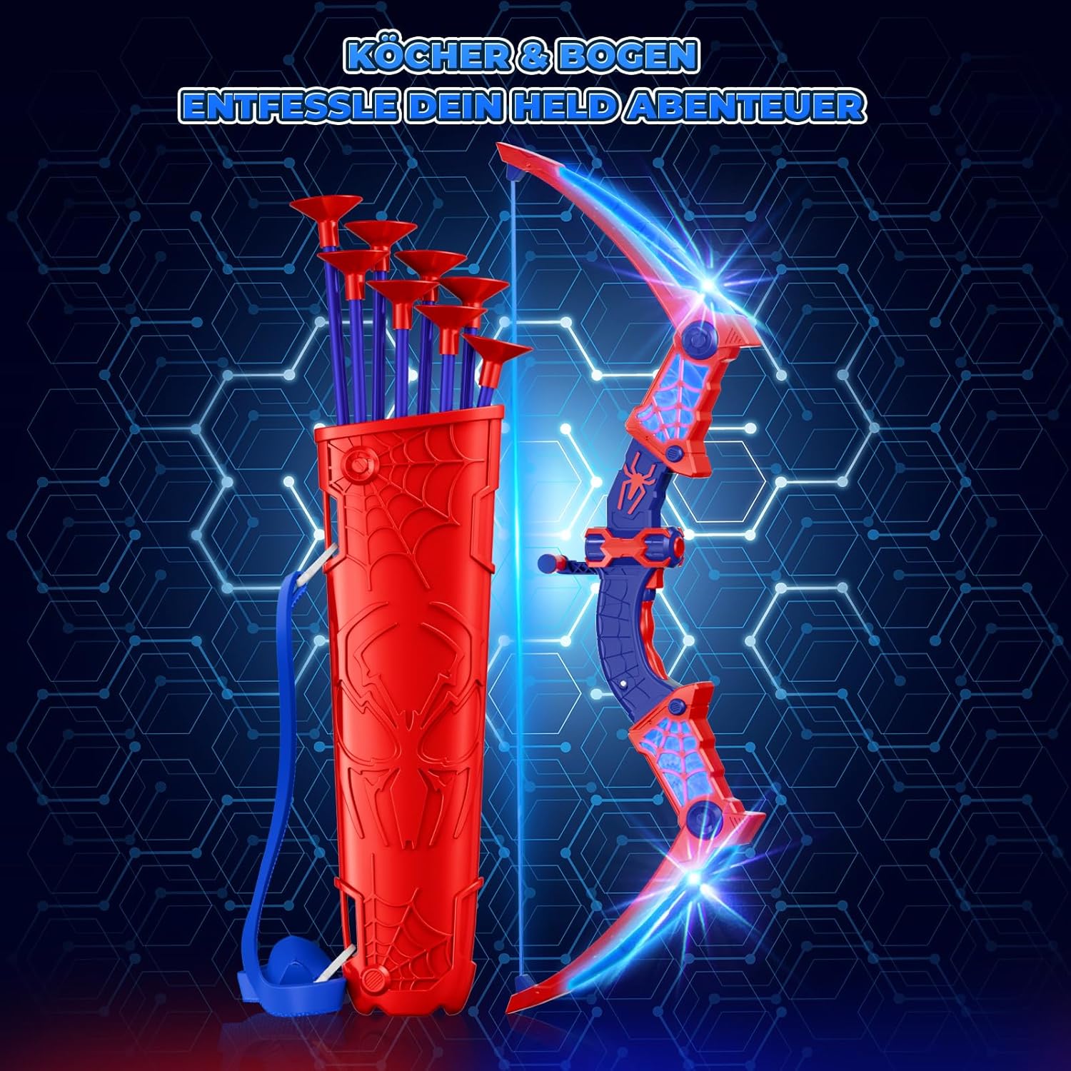 Toy from 3-12 years, boy, arrow bow toy with red and blue LED lights, quiver and net target, gift boy 3-12 years gift ideas, children's toy, garden, outdoor games for children – Bild 6
