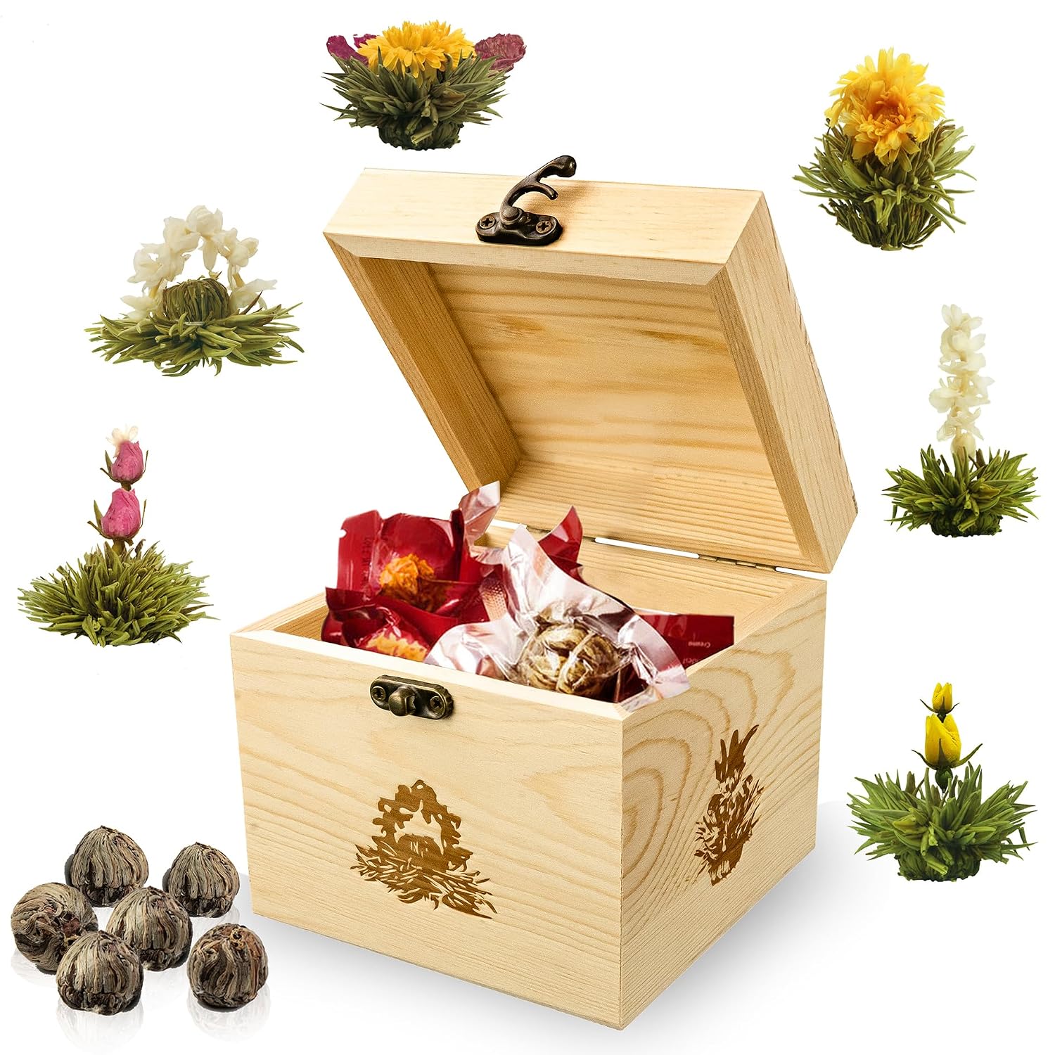 Creano ErblühTee Wooden Decorative Box, Tea Flowers Mix Gift Set with 6 Tea Roses, White Tea in Elegant Tea Box