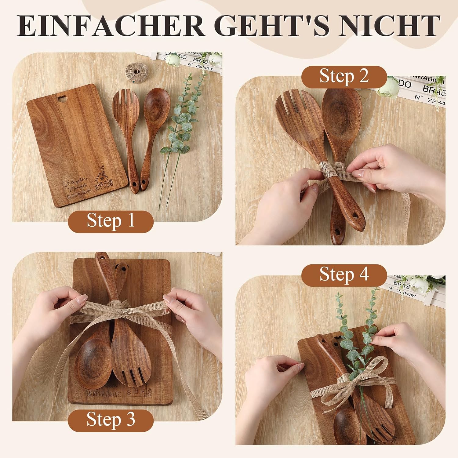 Xuniea Housewarming Gift Wooden Chopping Board with Cooking Spoon Salad – Bild 4