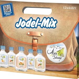 Alpenschnaps Steinbeisser Jodel Mix Bag (12 x 0.02 L) - Gift Set with 3 Varieties of Fruit Brandy - Williams Pear, Apricot & Hazelnut Schnapps - in Signature Cardboard Bag, 33 & 35% Vol.