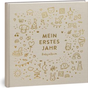 My First Year Baby Album - High-Quality Linen Book with Gold Embossing for the Most Beautiful Memories - Baby Book to Enter for the First Year of Life - Baby Gift for Birth (Toy Nature)