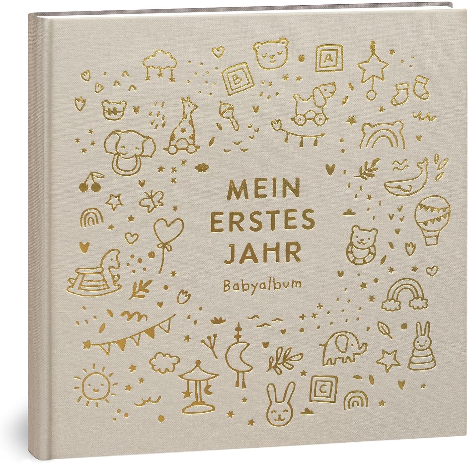 My First Year Baby Album - High-Quality Linen Book with Gold Embossing for the Most Beautiful Memories - Baby Book to Enter for the First Year of Life - Baby Gift for Birth (Toy Nature)