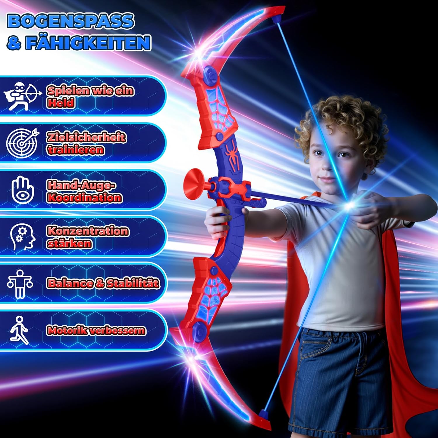 Toy from 3-12 years, boy, arrow bow toy with red and blue LED lights, quiver and net target, gift boy 3-12 years gift ideas, children's toy, garden, outdoor games for children – Bild 2