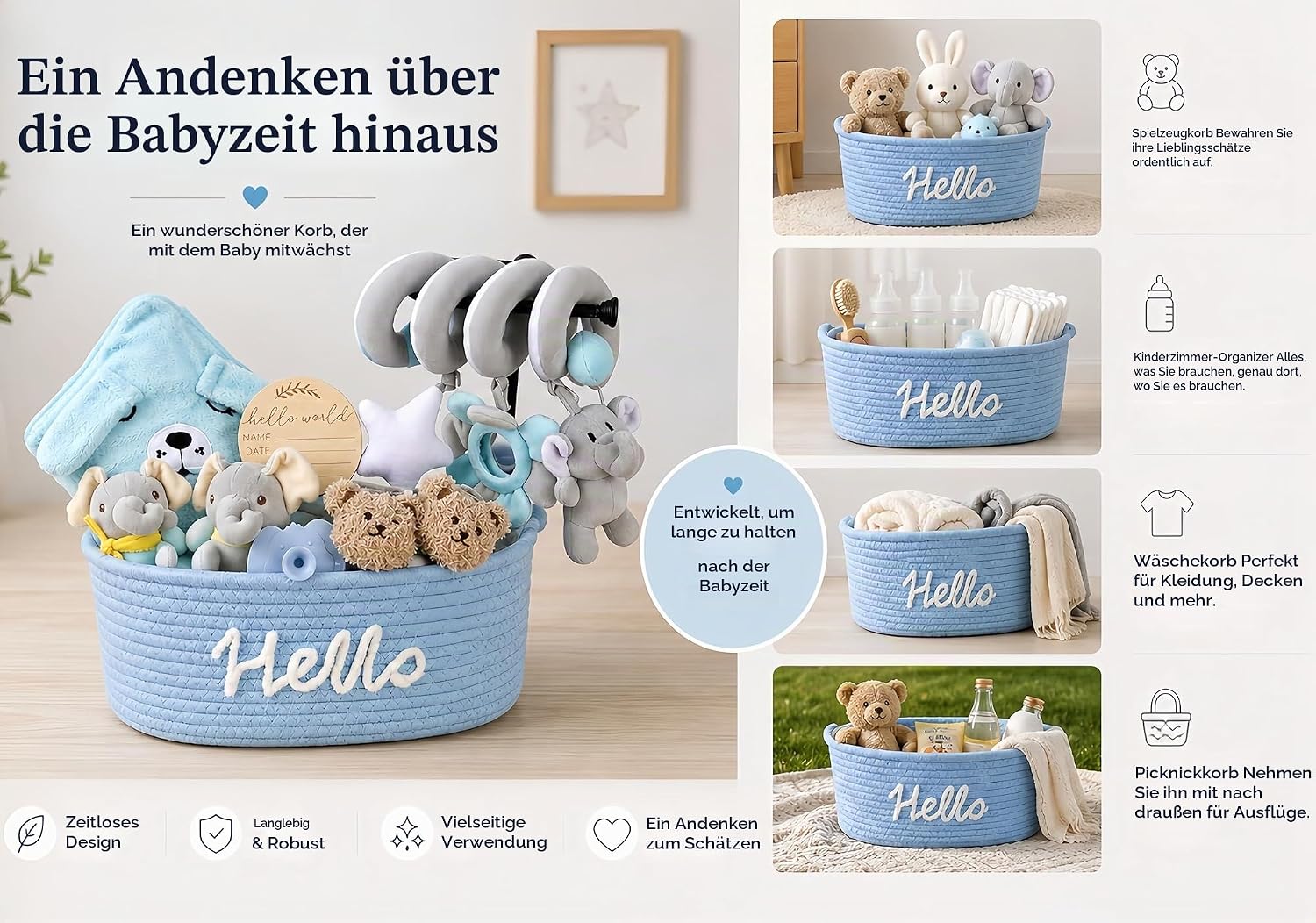 Baby Gift Boys for Birth, 11-Piece Newborn Gift for Boys with Hooded Towel, Rattle, Pram Toy and Storage Basket, Perfect Baby Shower Gift for Boys – Bild 7