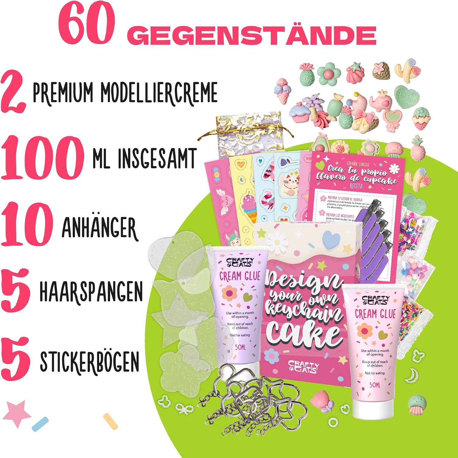 CRAFTY CATS Craft Set Children's DIY Set for Creativity Cupcake Keyring and Hair Clips with Cream Glue Glitter and Beads Craft Case Gift for Girls from 6 Years Ideal from 8 Years – Bild 2