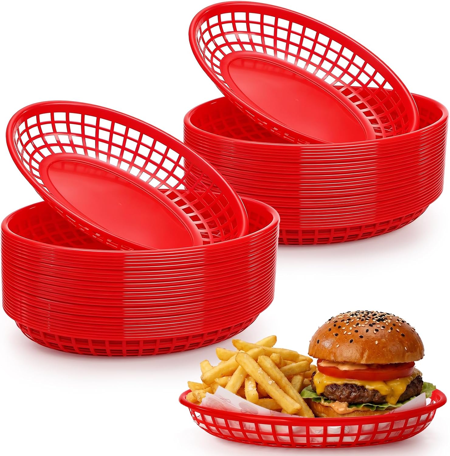 Lawei Pack of 50 Serving Baskets, Bread Baskets, Plastic Baskets for Chips, Barbecues, Picnics, BBQ Serving Baskets, Red, 14 x 22.5 x 3.8 cm