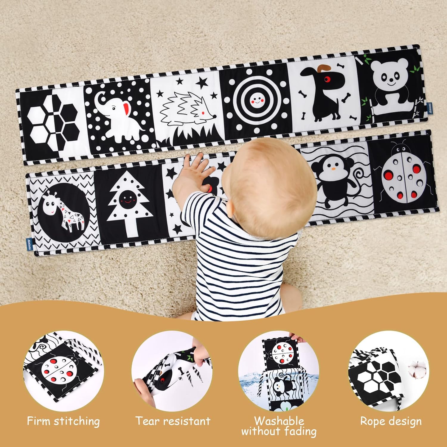 Vicloon Black & White Fabric Book, Picture Book Made of Fabric, Black White Double-Sided Baby Fabric Book, Baby Toy 0 6 Months, Perception Learning Toy, Gifts for Babies, Animal Style – Bild 3