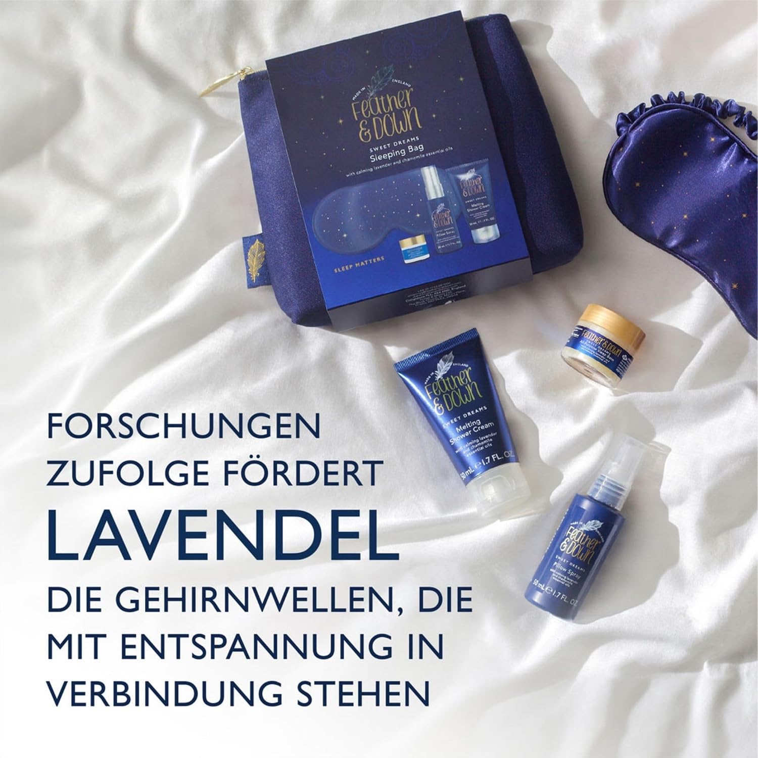 Feather & Down Sleeping Bag Gift Set (Luxury Eye Mask, Sleep Balm, Pillow Spray, Shower Cream) - With Soothing Lavender & Chamomile Essential Oils - Cruelty Free Vegan – Bild 3