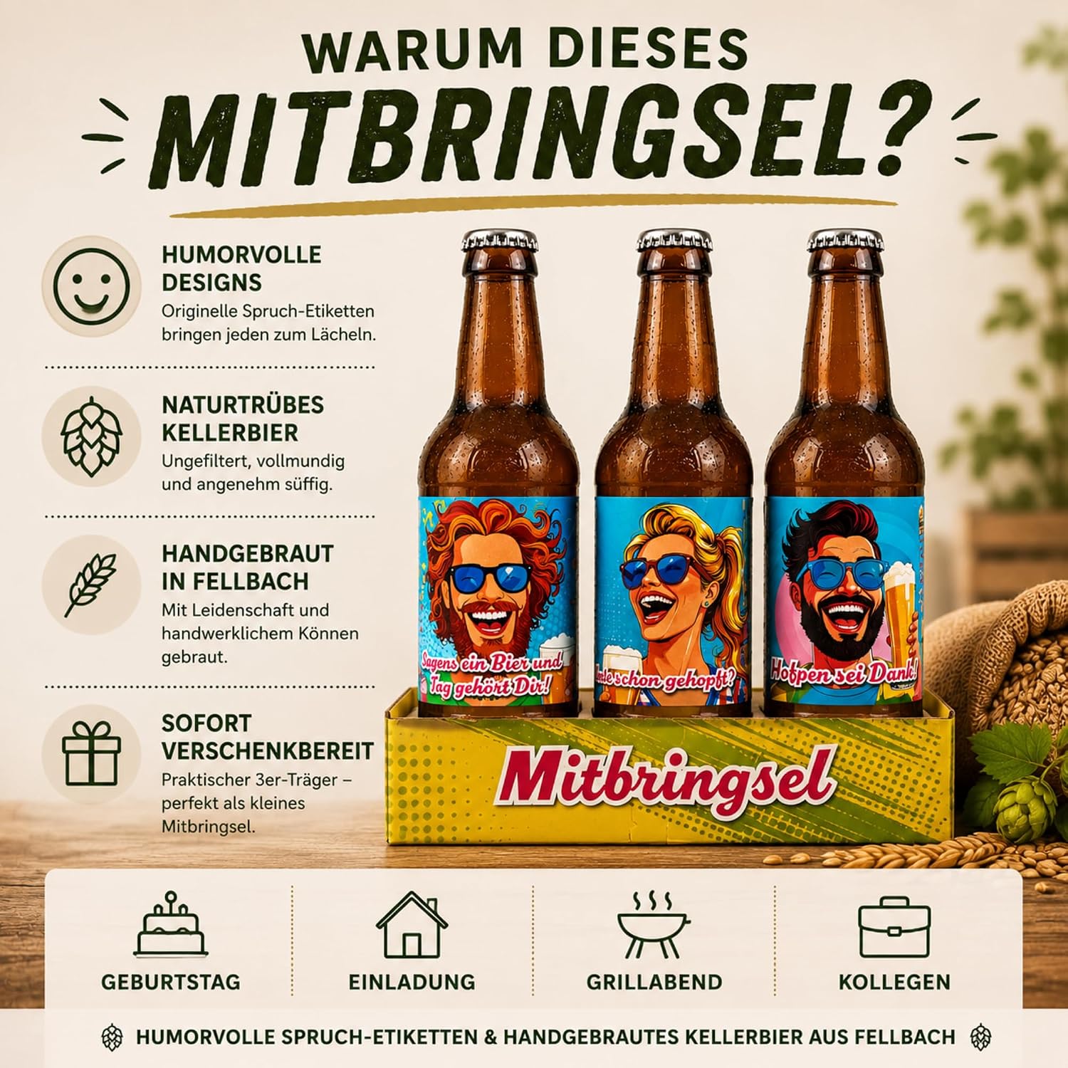 Cannstatter Keller Gift Set Beer Gift Set - 3 x 0.33 L Hand-Brewed Cellar Beer with Funny Saying Labels - Beer Gift for Men & Women - Unfiltered, Naturally Cloudy & Regionally Brewed – Bild 6