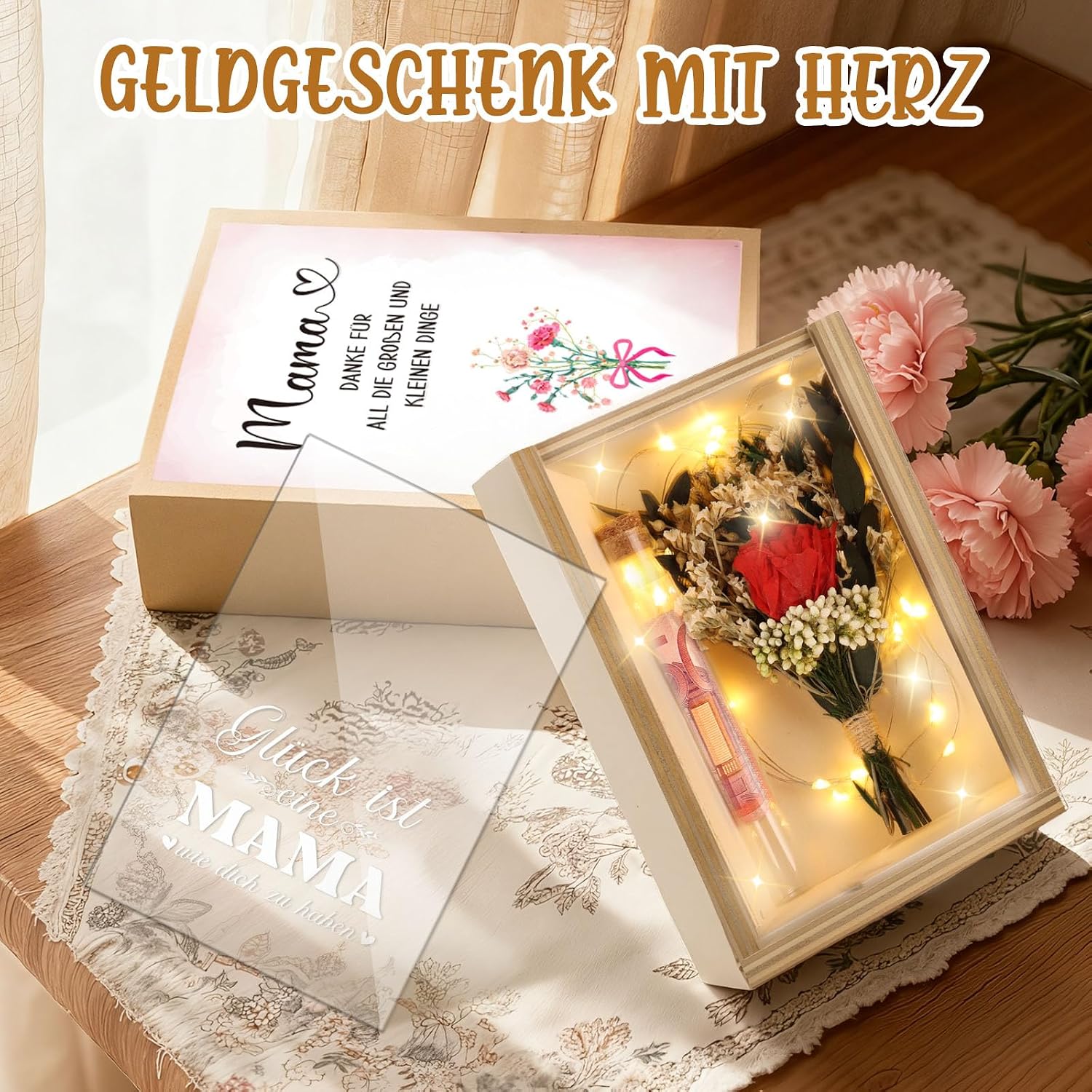 TUZELIYA Mum Gift Box, LED Fairy Lights, Test Tube, Birthday Gift for Mothers, Money Gift, Wooden Box with Engraving Glück ist elne Mama wo dich zu haber, Thank You Gift, Mother's Day – Bild 6