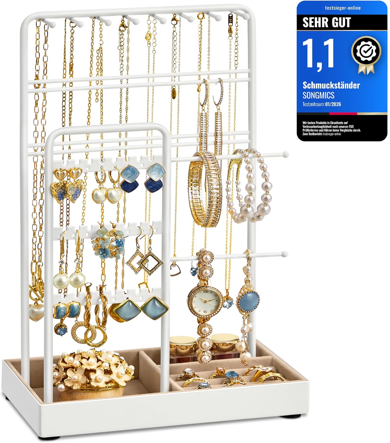 SONGMICS JJS021W01 Jewellery Stand, Metal Frame Jewellery Tray, Velvet Jewellery Storage for Necklaces, Bracelets, Earrings Stud, Rings Gift Idea White