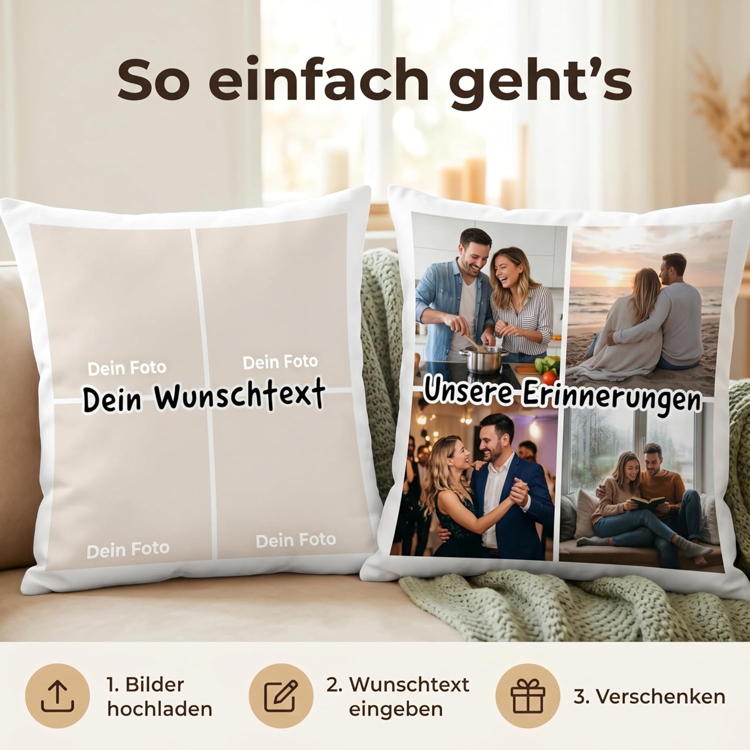 LOOXIS Photo Cushion Personalised with 4 Photos & Desired Text - 40 x 40 cm Collage Cushion Including Filling - Personal Gift Birthday Mother's Day Father's Day Anniversary Christmas - 4 Collage – Bild 3