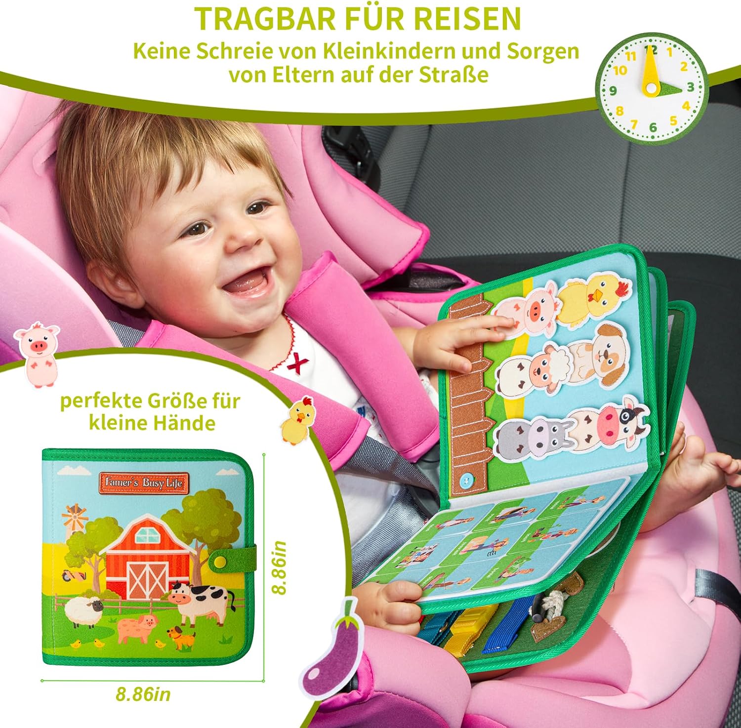 Quanquer Montessori Busy Board German Toy from 1 2 3 4 Years - Farm Book for Early Education Car & Plane Drives - Birthday Holiday Easter Children's Day Gifts for Toddlers – Bild 3